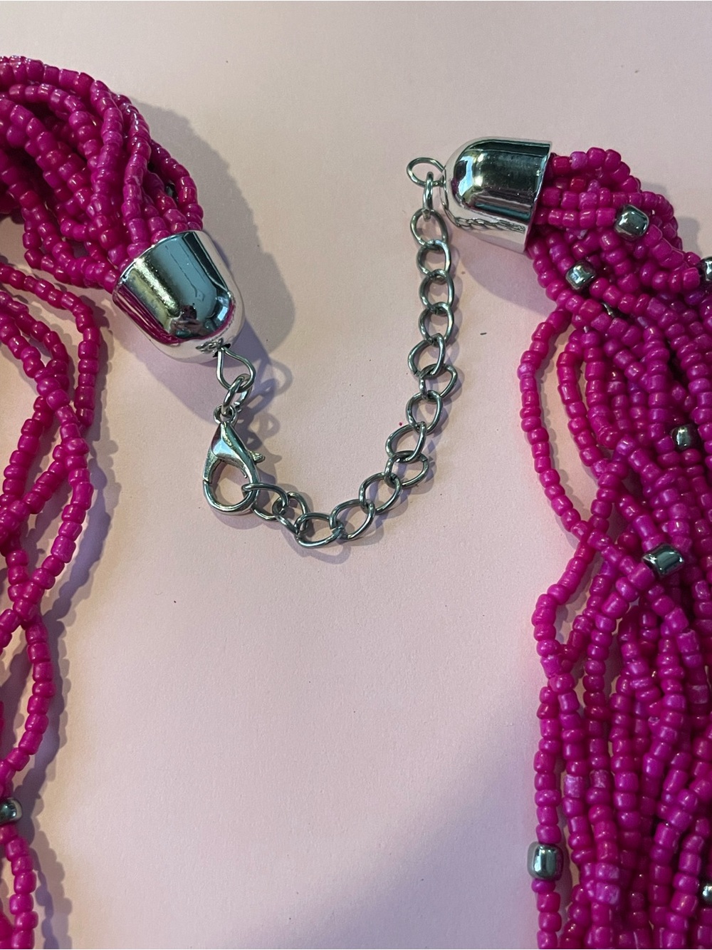 Hot Pink Seed Bead Silver Tone Spacer & Chain Necklace #7135 - Picture 4 of 7